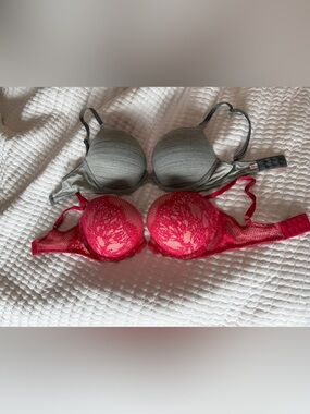 Victoria's Secret Red Lace Push-Up Bra with Gray Everyday T-Shirt Bra.
